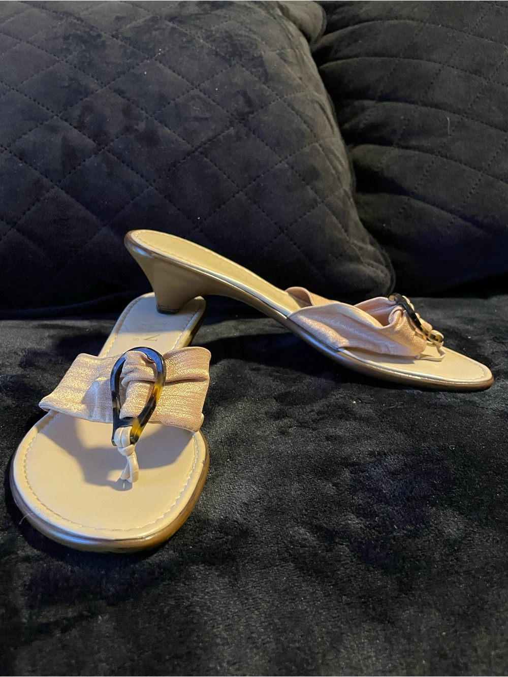 Women's Elegant Metallic cream-tan Kitten Heel Slide Sandals